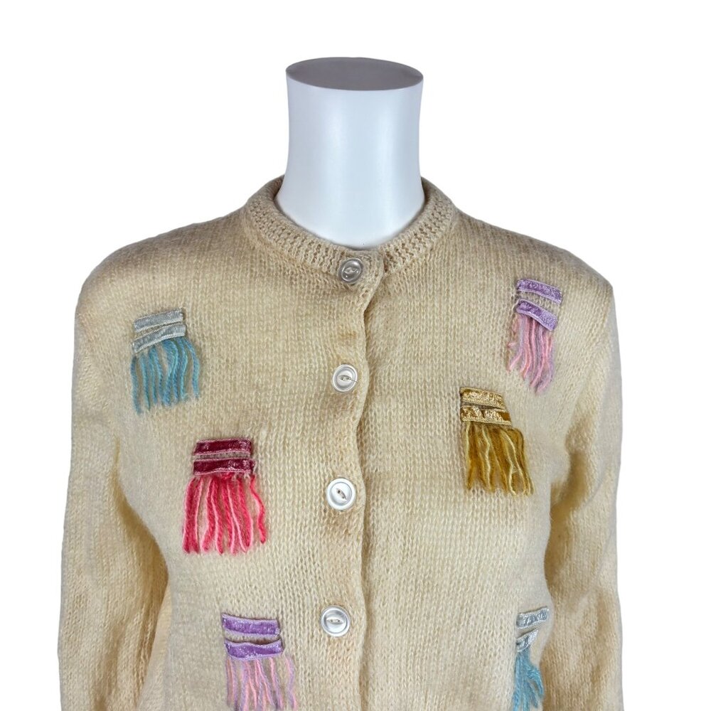 Vintage 60s Mohair Cardigan Women's Medium Pastel Yarn Details Wool Sweater - Picture 3 of 9